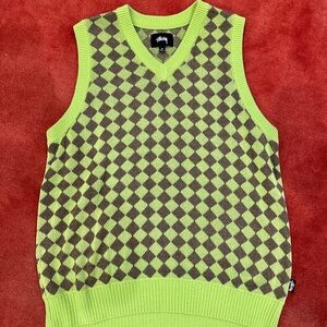 Stussy V-Neck Argyle Sweater Vest in Green and Brown